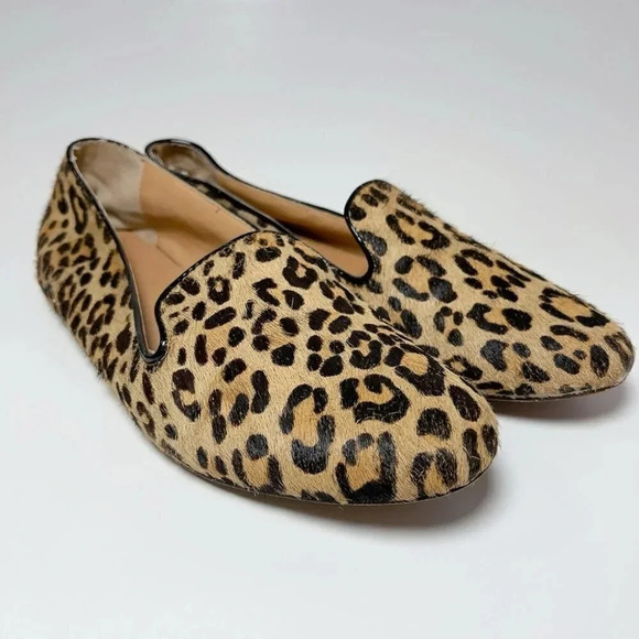 J.crew Addie Leopard Print Loafer  Leather Calf Hair Smocking Shoes - Picture 1 of 11